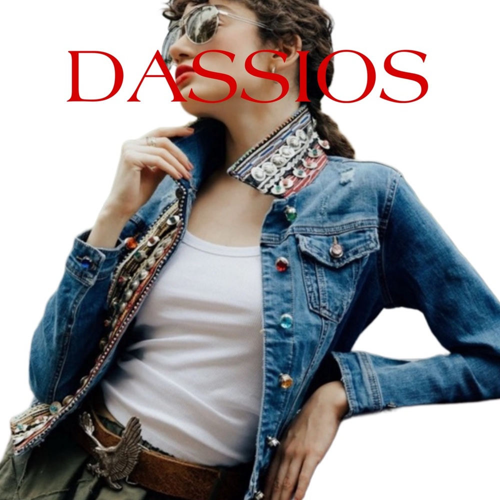DASSIOS Classic denim jacket with unique handmade coin embroidery bands XL